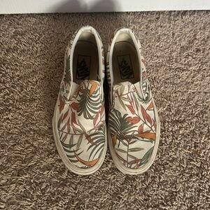 vans, size:6.5, a cream colored background with muted green and orange leaves